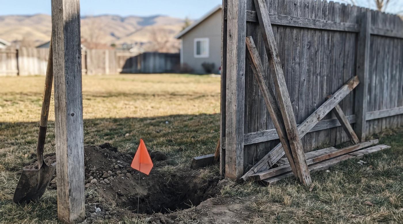 Partially removed wood privacy fence with an open post hole and an orange utility marking flag in a Boise, Idaho backyard