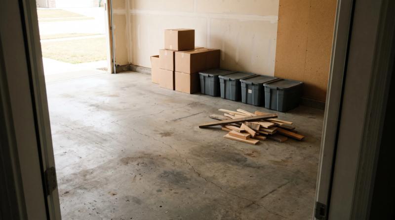 Sorted cardboard boxes, plastic storage bins, and scrap lumber stacked on a concrete garage floor during a garage cleanout in Nampa, Idaho.