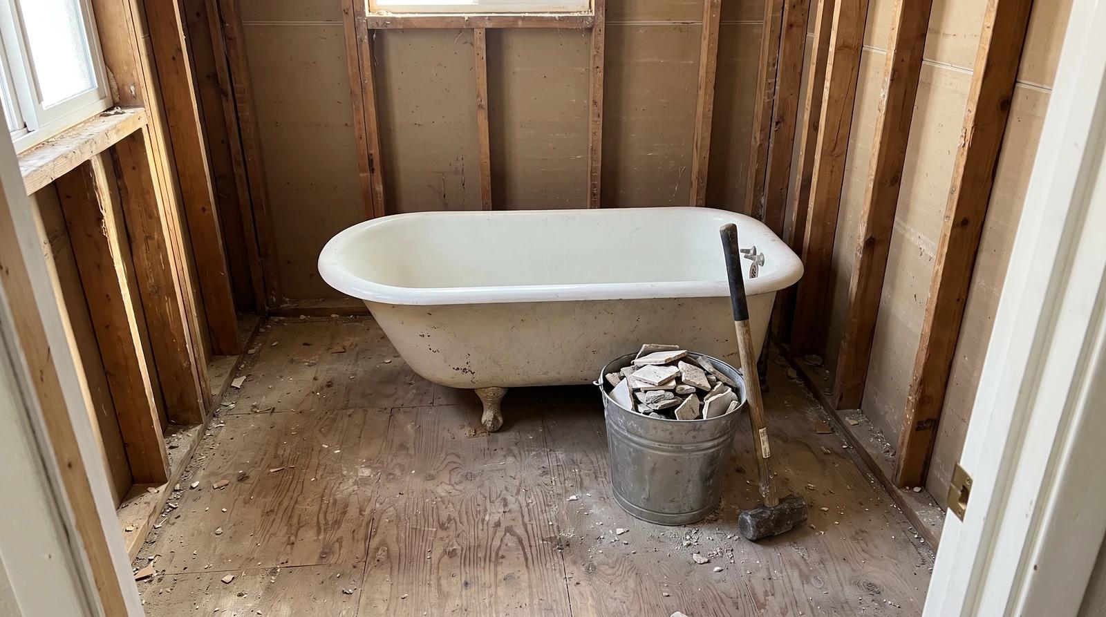 Bathroom gutted to bare studs and subfloor with an old cast iron tub, a sledgehammer and a bucket of broken tile