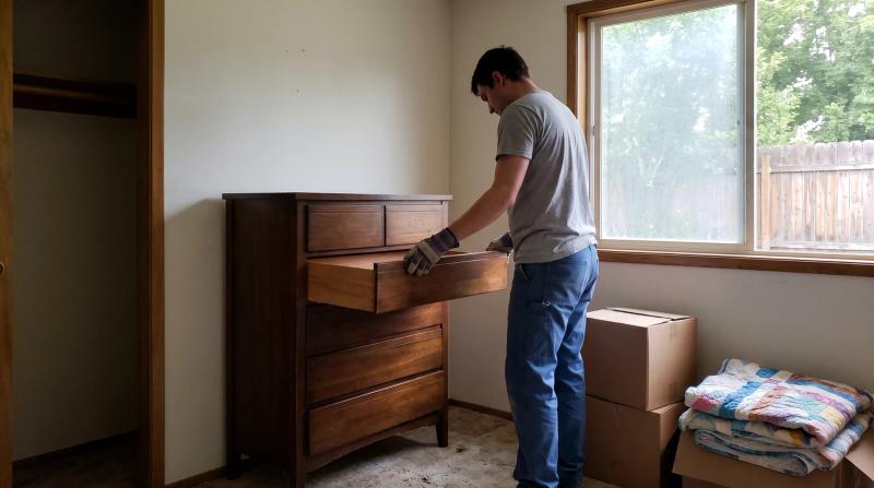 Estate cleanout worker removing a wooden dresser drawer from a partly cleared bedroom in a Caldwell, Idaho home