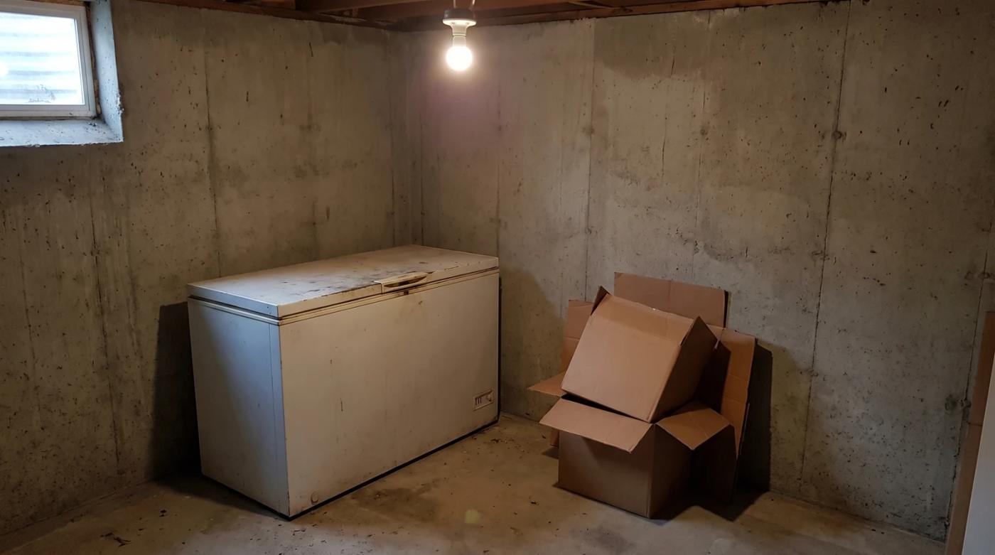 Empty cardboard boxes and an old chest freezer in a cleared basement corner during a household junk removal job in Nampa, Idaho.