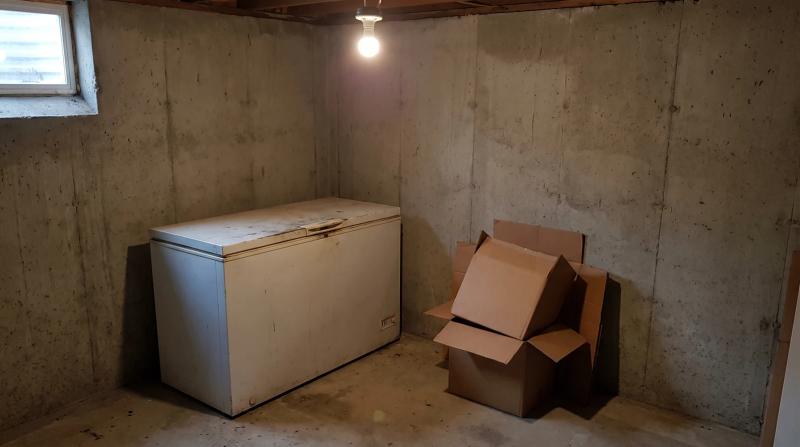 Empty cardboard boxes and an old chest freezer in a cleared basement corner during a household junk removal job in Nampa, Idaho.