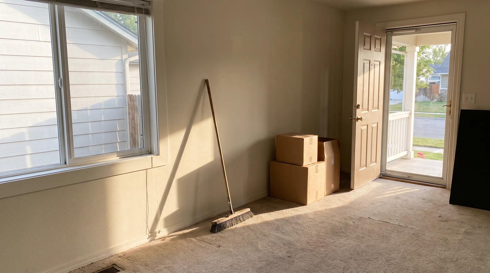 Empty rental living room in Garden City, Idaho after a property cleanout, with a broom against the wall and boxes stacked by the door
