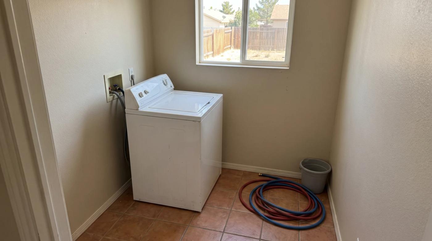 Old white washing machine pulled away from the wall in a Boise, Idaho laundry room with its water hoses unhooked and coiled on the floor beside a bucket