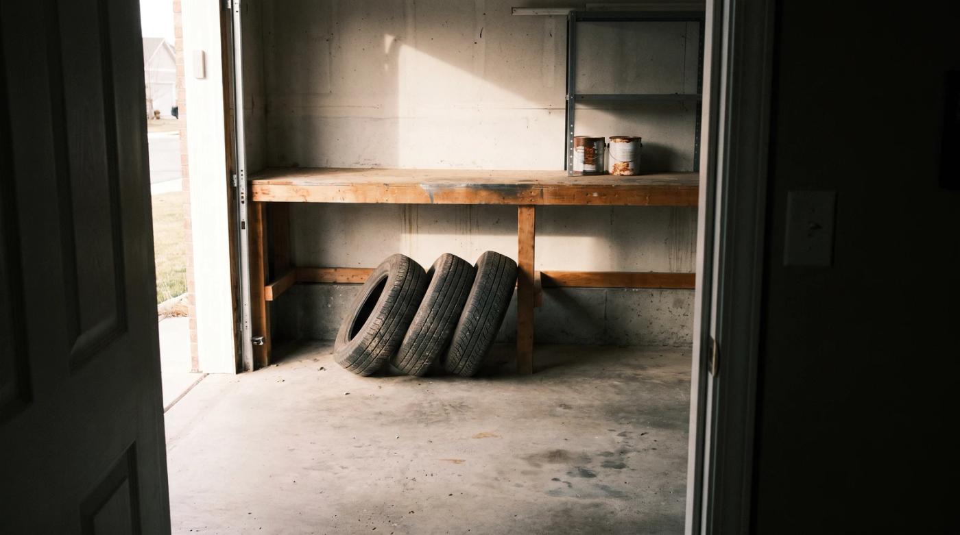Garage in Garden City, Idaho with an old workbench, stacked tires and paint cans left behind by the previous owners before a cleanout