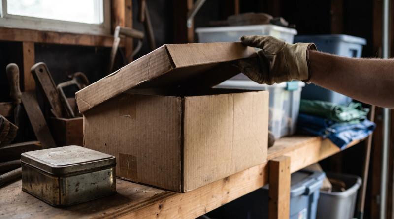 Gloved hands opening a dusty cardboard box on a cluttered garage shelf during a hoarder cleanout in Boise, Idaho