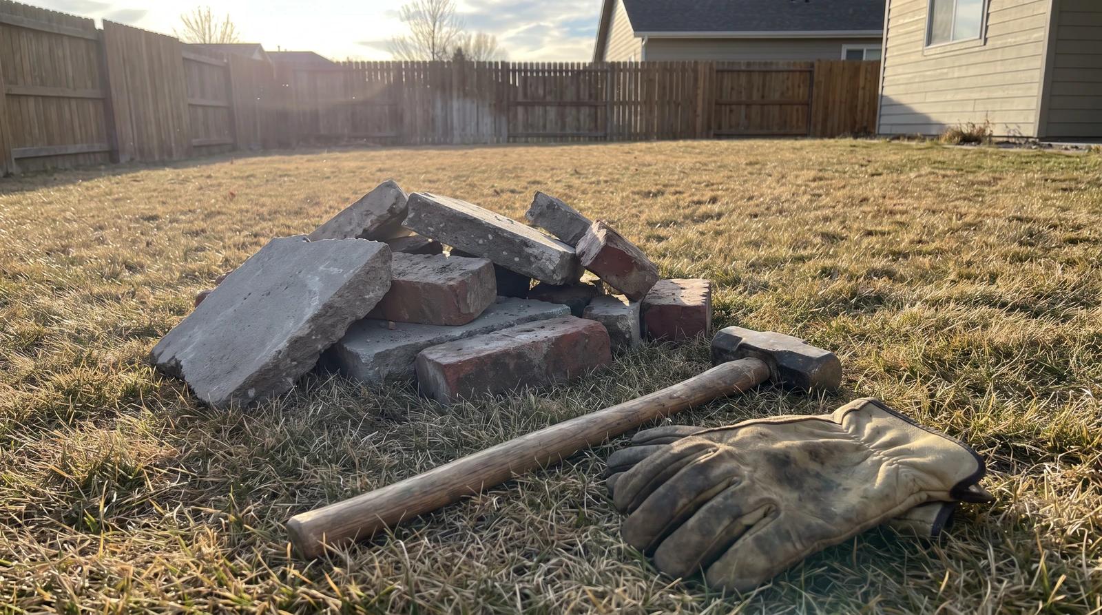 Pile of broken concrete and old red brick with a sledgehammer and work gloves in a Nampa, Idaho backyard, ready for debris removal