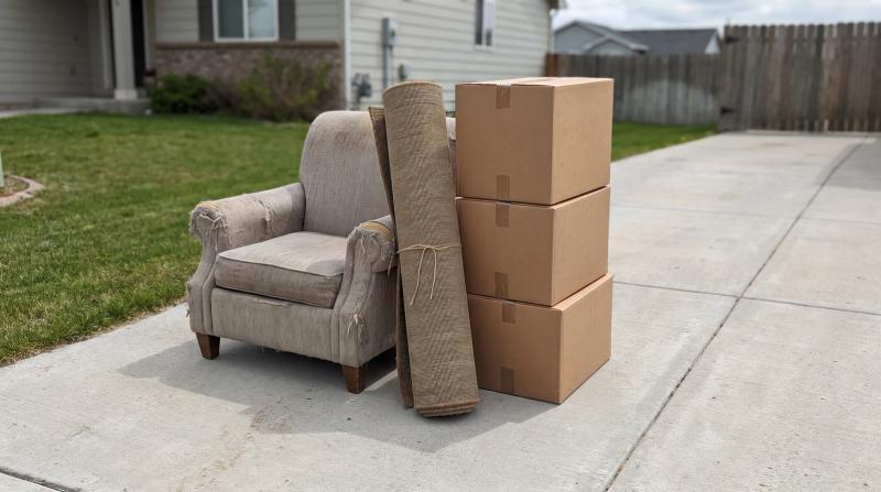 Bulk trash stacked on a driveway in Meridian, Idaho, including an old armchair, a rolled rug, and cardboard boxes ready for pickup.