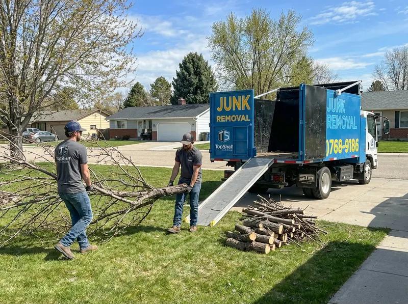 Two Top Shelf crew members carrying large tree branches toward the branded junk removal truck with ramp down in a Boise Idaho neighborhood