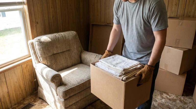 Worker packing a box of linens during an estate cleanout of a manufactured home living room in Nampa, Idaho
