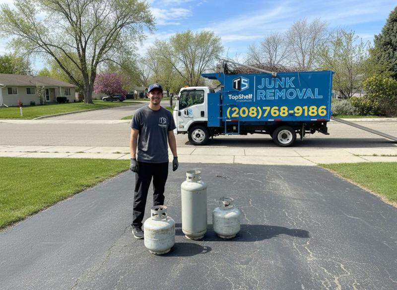 Top Shelf crew member using a hand dolly to move a large propane tank toward the junk removal truck at a home in Nampa Idaho