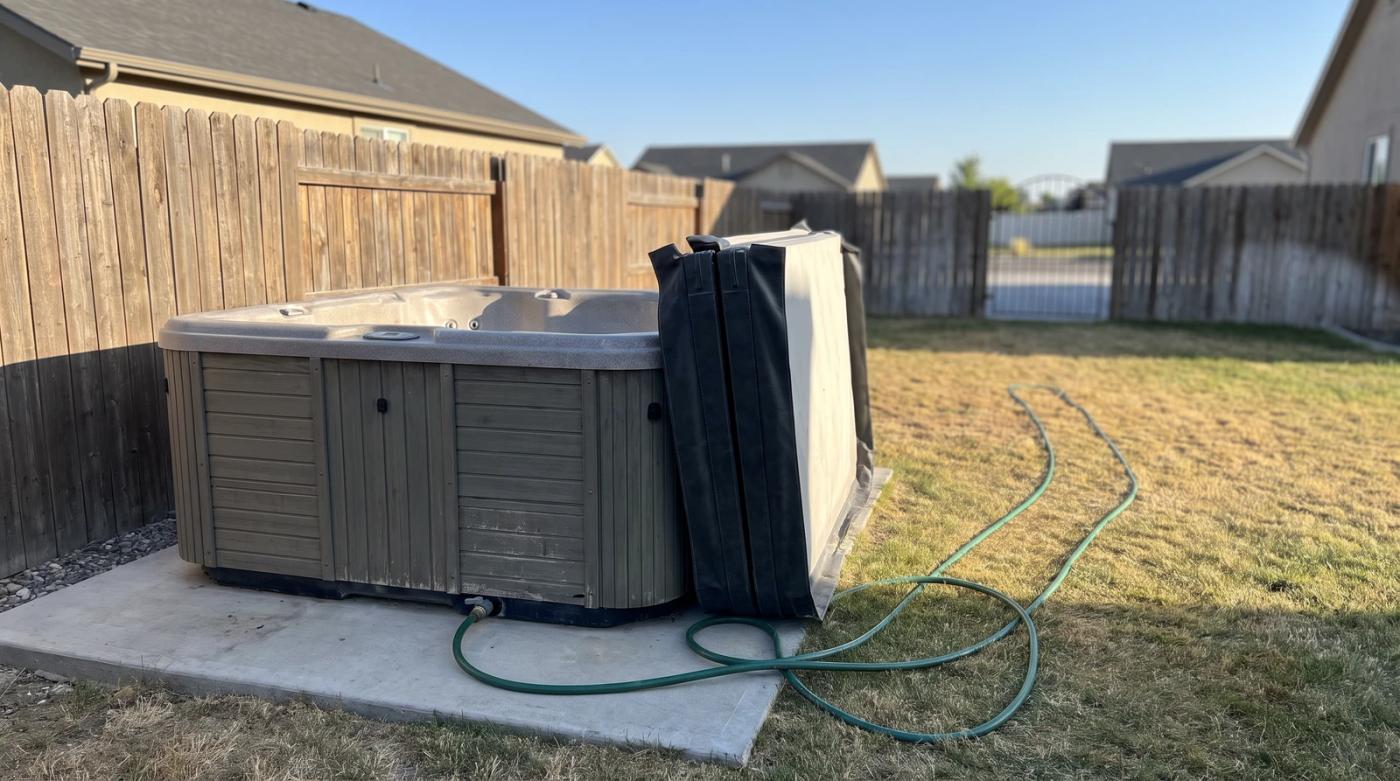Drained hot tub on a concrete pad in a Kuna, Idaho backyard, ready for removal, with a garden hose running across the lawn