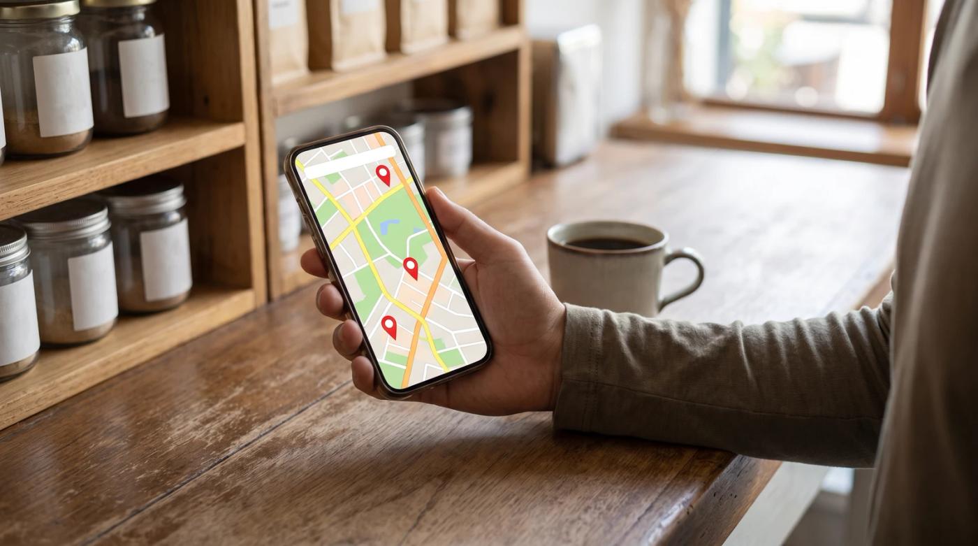 Hand holding a smartphone with a map and red location pins over a wooden counter beside a coffee mug