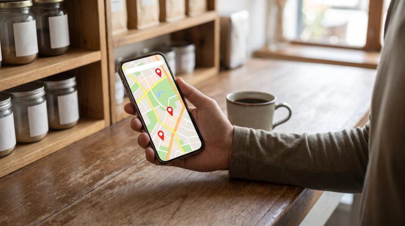 Hand holding a smartphone with a map and red location pins over a wooden counter beside a coffee mug