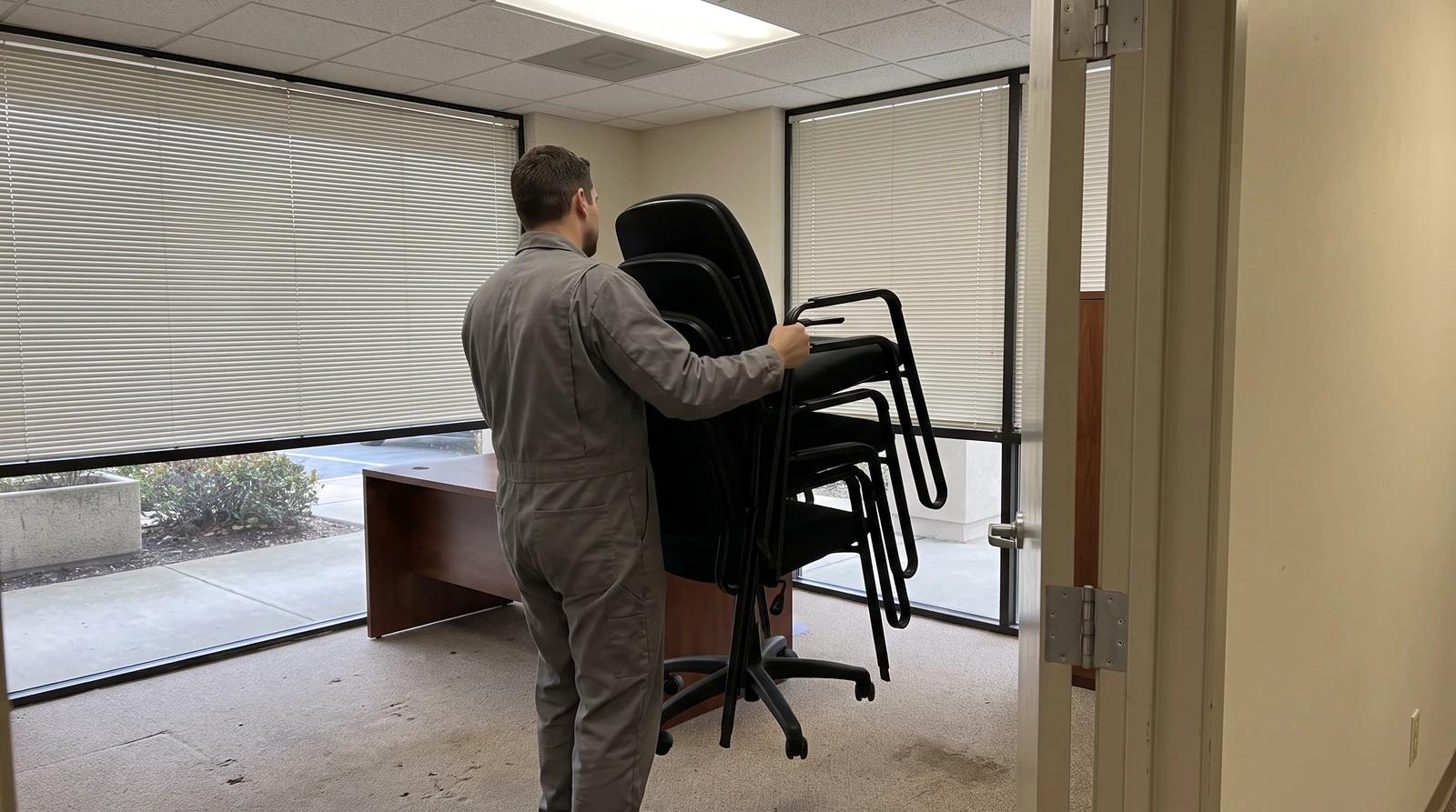 Junk removal worker carrying old office chairs out of an emptied office in Garden City, Idaho