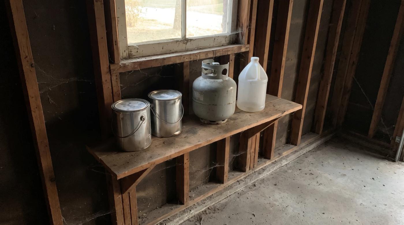 Old paint cans, a small propane tank and a plastic jug on a dusty garage shelf in Nampa, Idaho, set aside before a junk removal cleanout