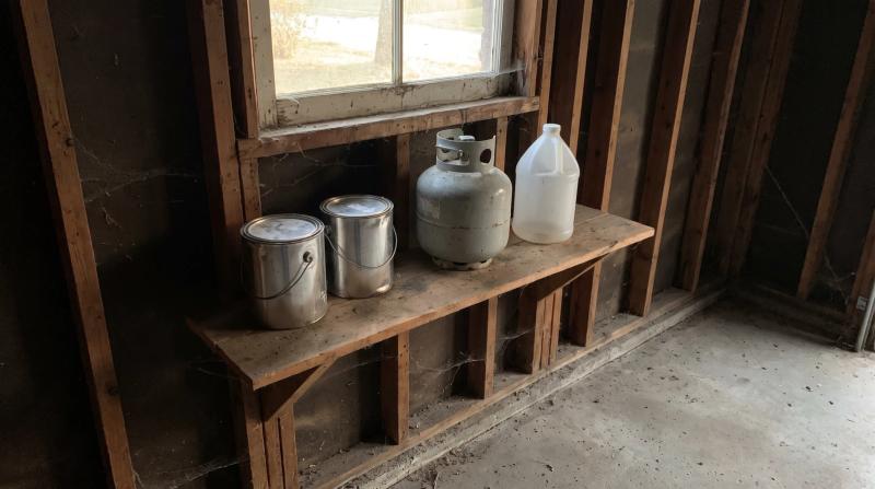 Old paint cans, a small propane tank and a plastic jug on a dusty garage shelf in Nampa, Idaho, set aside before a junk removal cleanout