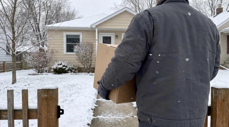 Cleanout crew member carrying a box down a snowy front walkway at a vacant rental home in Star, Idaho