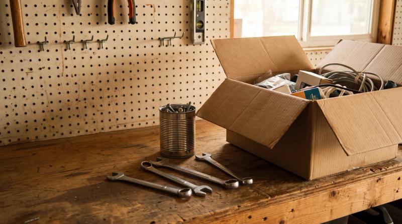 Garage workbench with hand tools and a sorting box during a senior downsizing estate cleanout in Meridian, Idaho