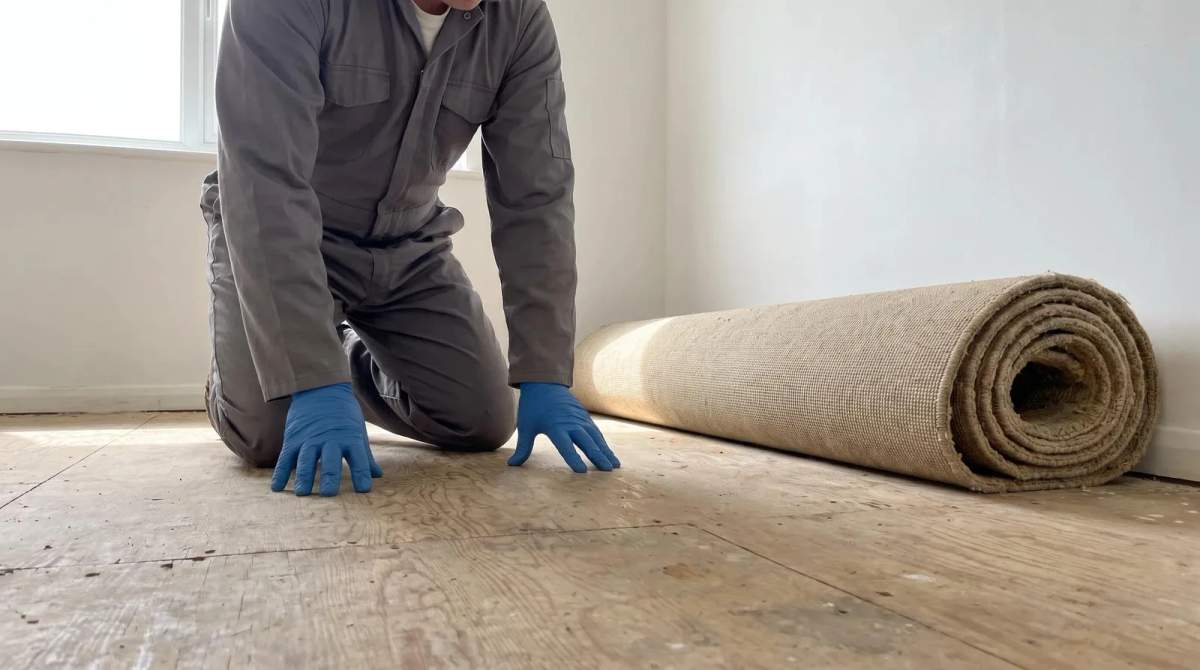 A cleanup worker in plain coveralls kneeling on exposed plywood subfloor in an empty Boise, Idaho bedroom beside a rolled-up piece of removed carpet.