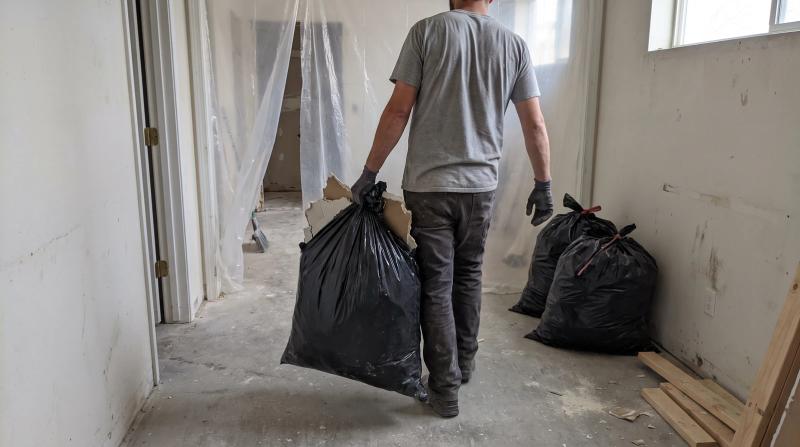 Worker carrying bagged drywall debris through the back hallway of a commercial remodel in Kuna, Idaho