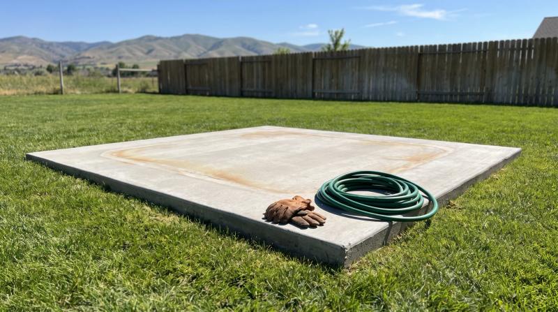 Empty concrete pad in a Meridian, Idaho backyard after hot tub removal, with a coiled garden hose and work gloves at the edge