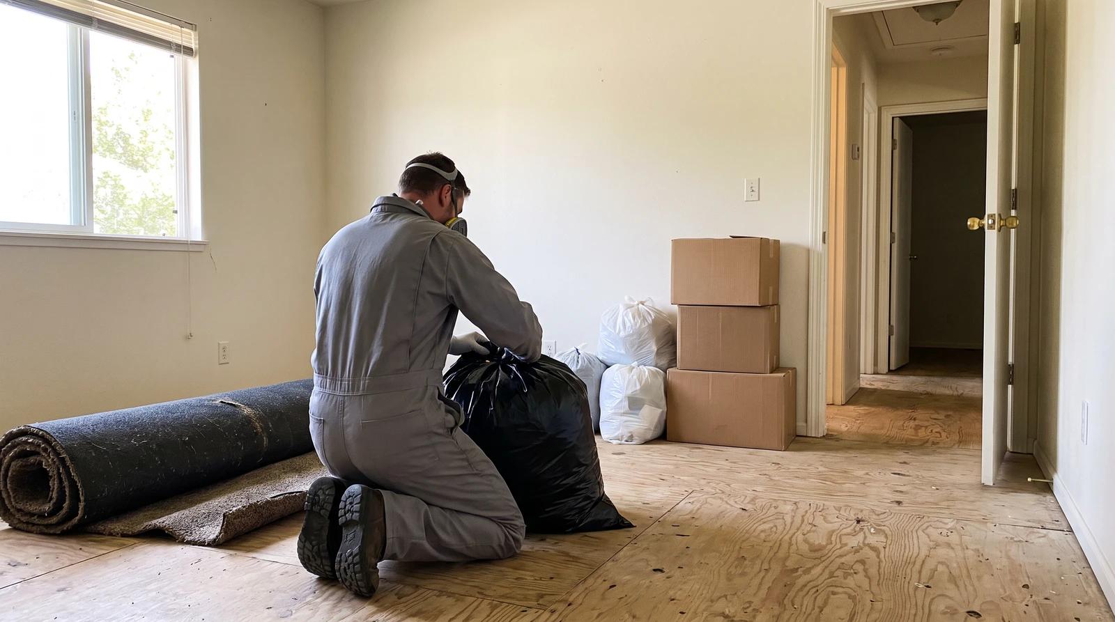 Hoarding cleanup worker sealing a bag of soiled material after carpet removal in an emptied bedroom in Kuna, Idaho