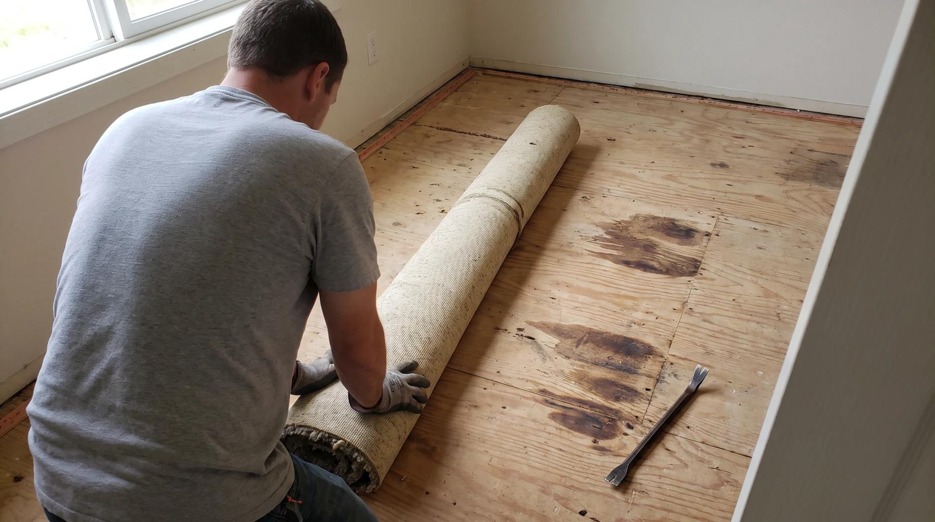 Worker rolling up old pet-stained carpet pad from a bedroom plywood subfloor during carpet removal in Eagle, Idaho
