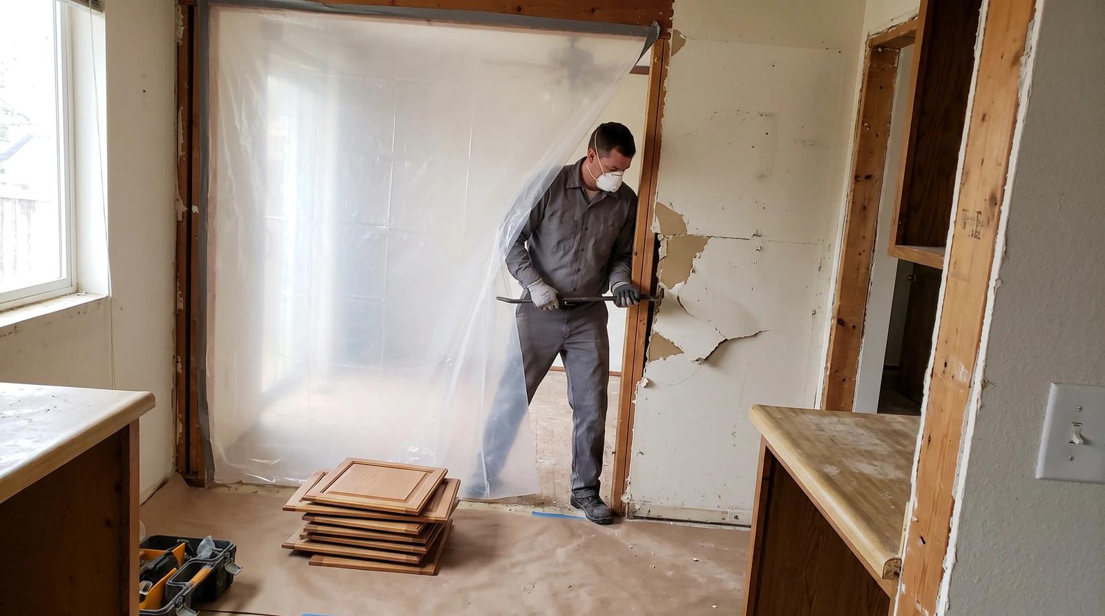 Worker removing kitchen drywall behind a plastic dust barrier during an interior demolition in Meridian, Idaho