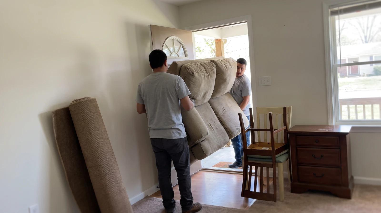 Two movers carrying part of a beige sectional sofa out of a living room in Middleton, Idaho