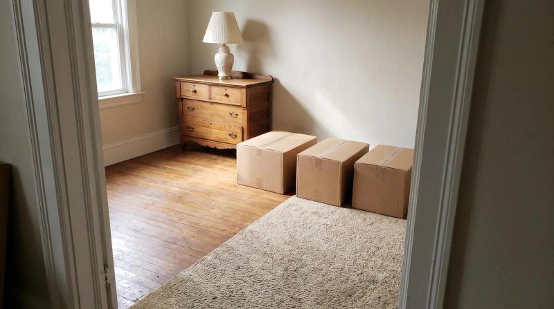 Sunlit living room with a wooden dresser, lamp and packed boxes during an estate cleanout in Middleton, Idaho