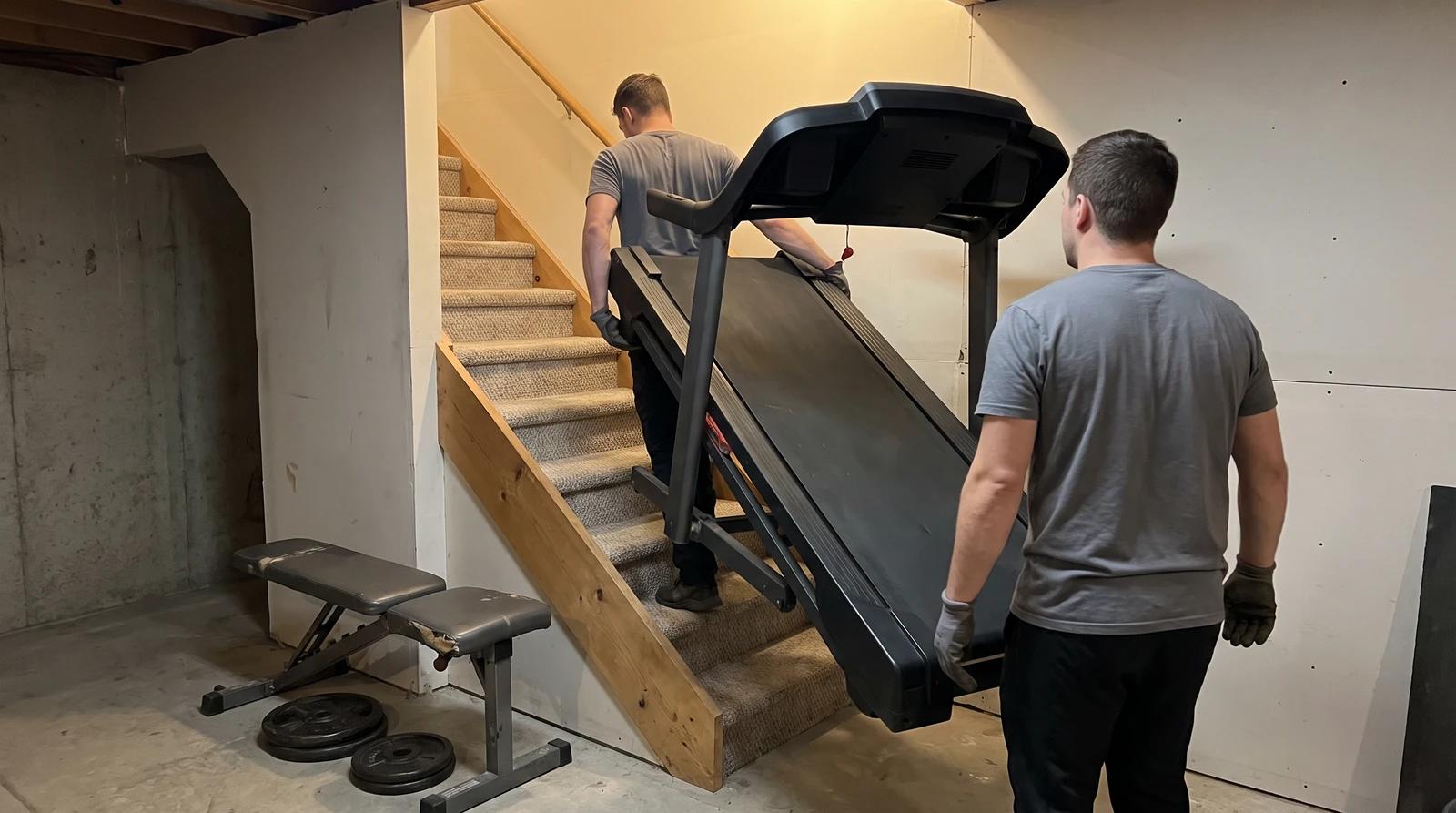 Two junk removal workers carrying an old folded treadmill up basement stairs in an Eagle, Idaho home, with a weight bench and iron plates nearby