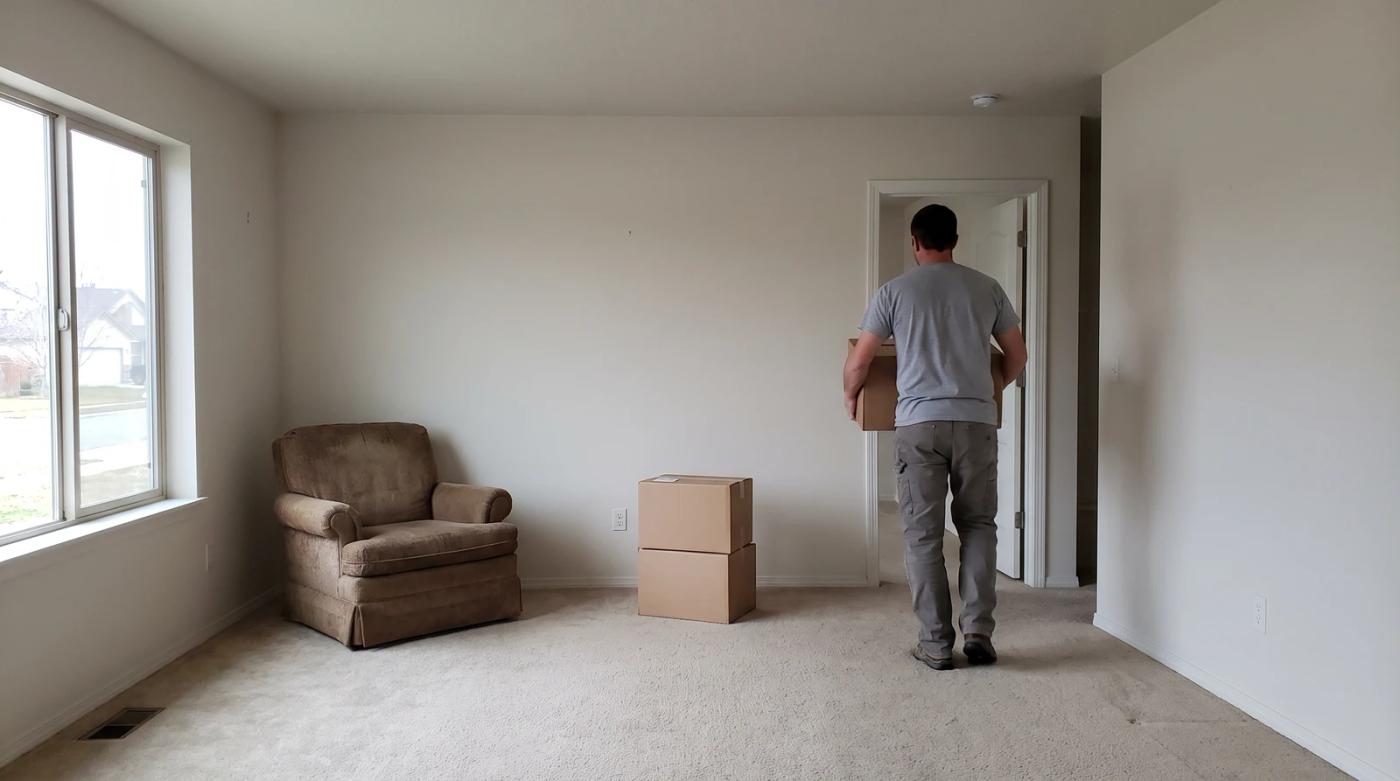 Worker carrying a box out of an empty living room during a foreclosure cleanout in Nampa, Idaho, with a worn armchair and stacked boxes left behind