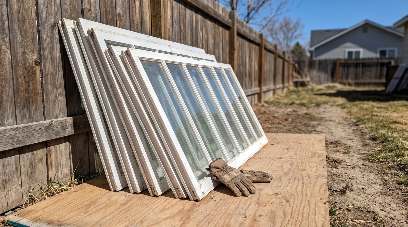 Old wooden window frames with glass stacked against a backyard fence after a window replacement in Eagle, Idaho