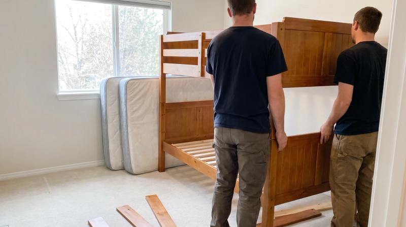 Furniture removal crew taking apart a wooden bunk bed in a kid's bedroom in Star, Idaho