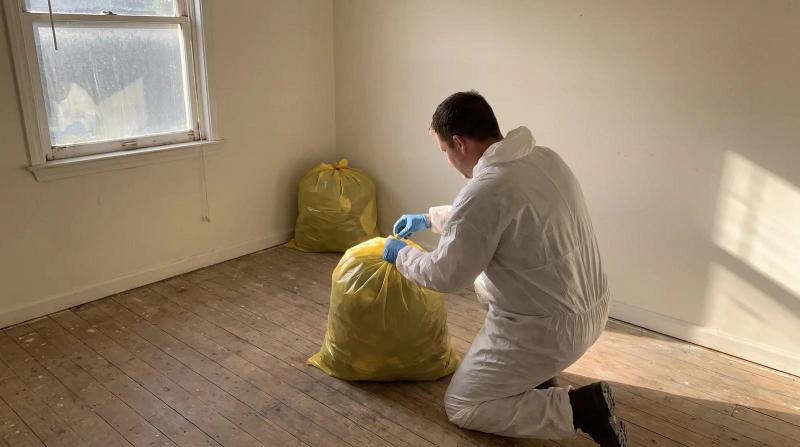 A worker in plain coveralls and gloves sealing a yellow disposal bag on the bare subfloor of an empty bedroom during biohazard cleaning at a home in Eagle, Idaho.