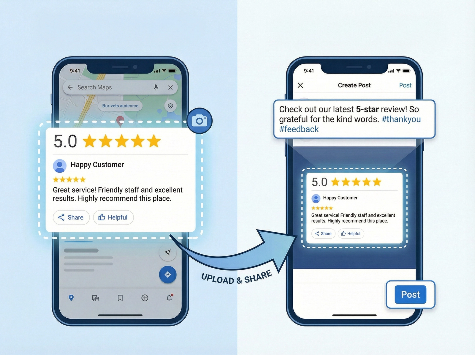 Review Monster automatically sharing a five-star Google review to social media, showing the review being captured from Google Maps and posted to Facebook