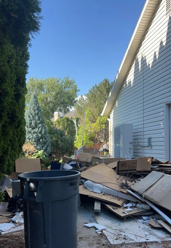 Side yard with cardboard and bins before a cleanup