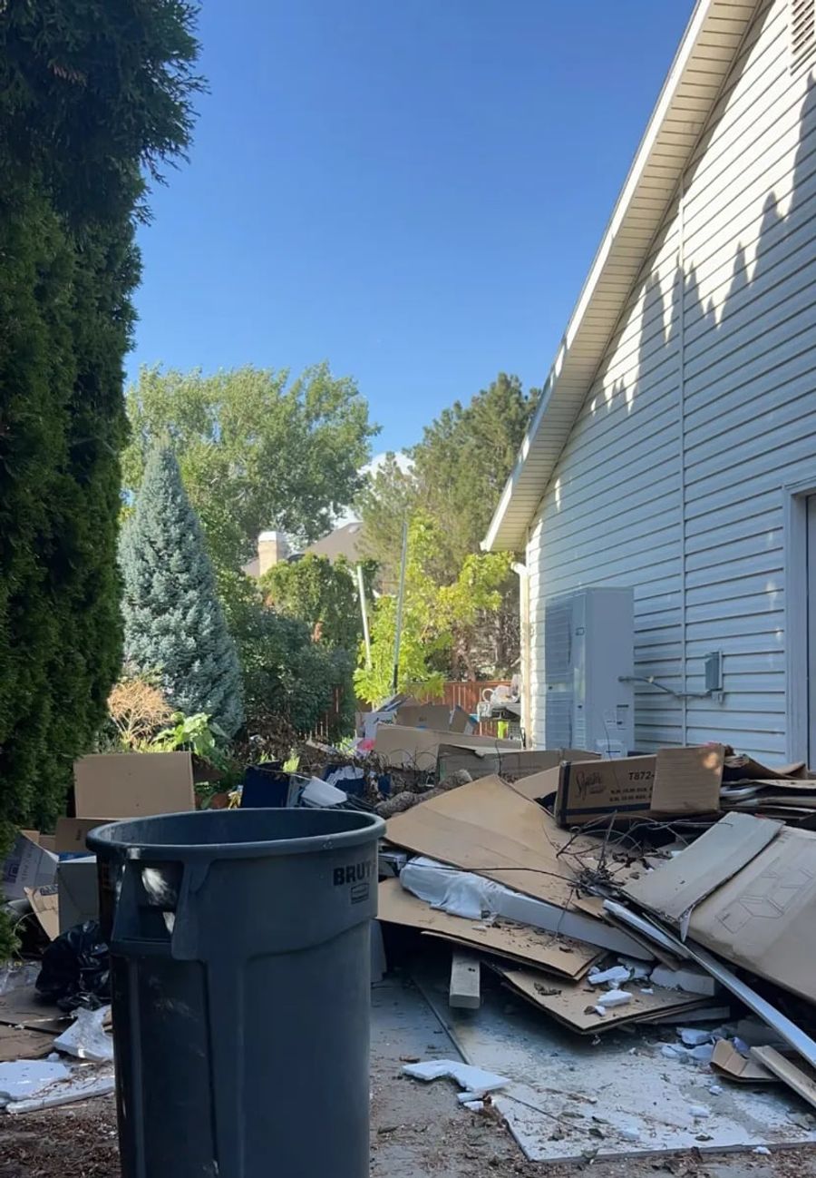 Side yard with cardboard and bins before a cleanup