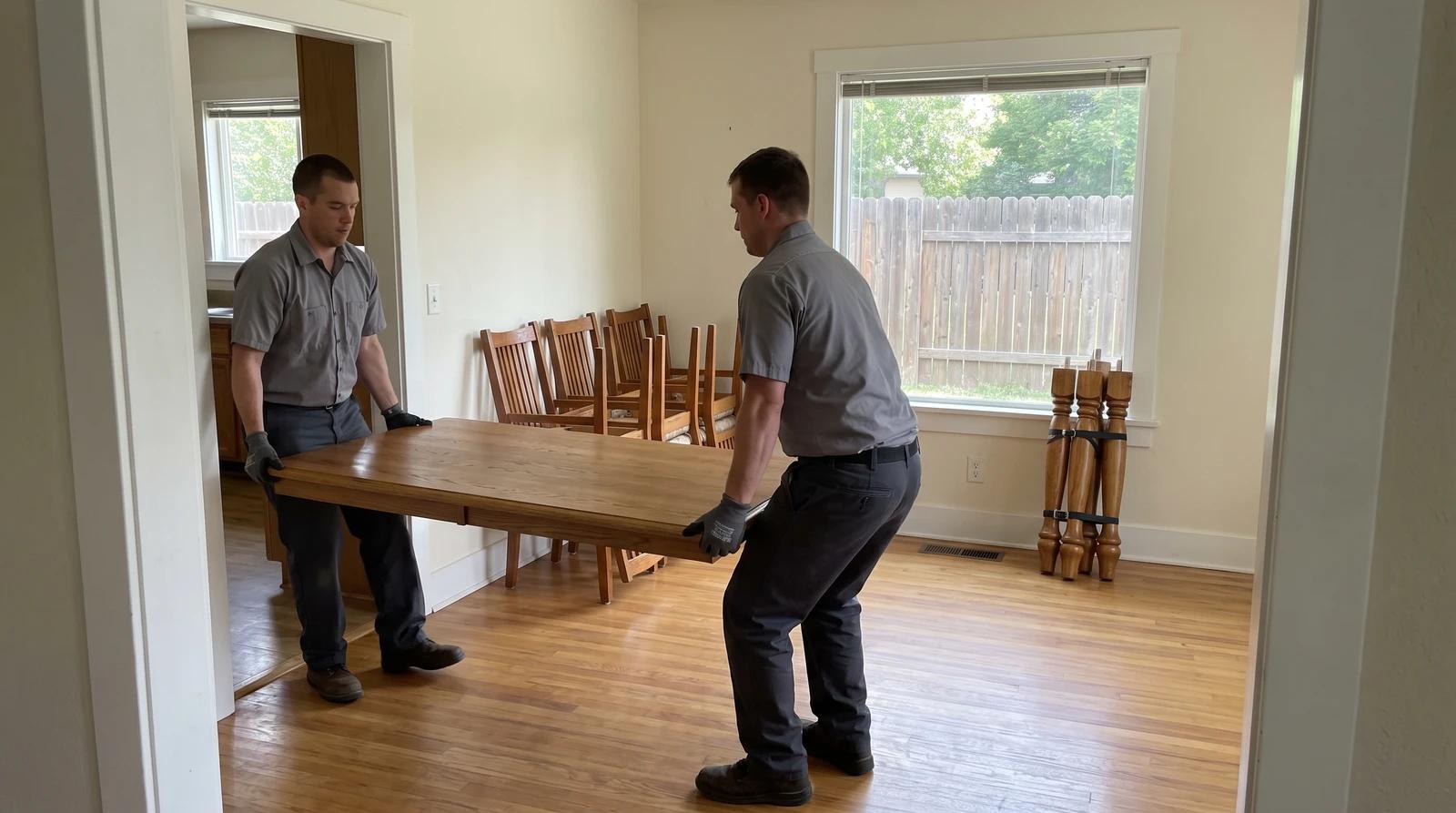 Two movers carrying a disassembled oak dining table out of an empty dining room during furniture removal in Nampa, Idaho