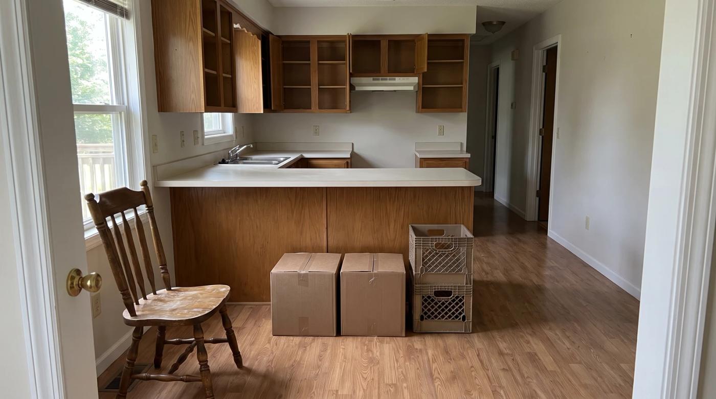 Kitchen being cleared out before a remodel in a Boise, Idaho home, with packed boxes and an old chair ready to haul away