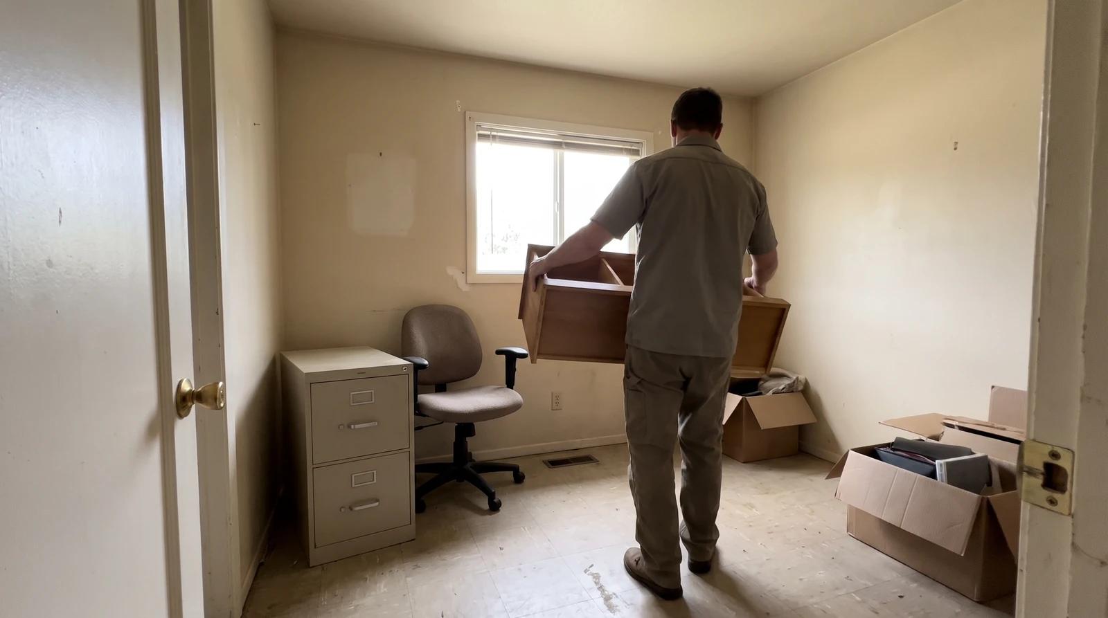 Furniture removal worker carrying part of a wooden home office desk past a file cabinet and office chair in a spare bedroom in Star, Idaho