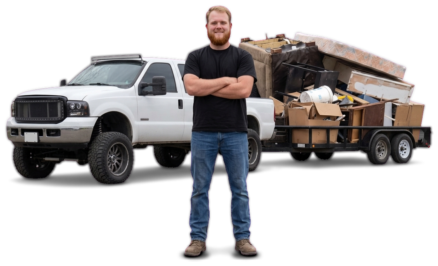 Justin Padlo, owner of Highway Desperado Hauling, standing in front of his white pickup and a trailer loaded with junk