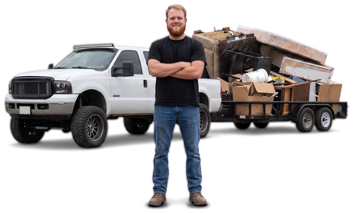 Justin Padlo, owner of Highway Desperado Hauling, standing in front of his white pickup and a trailer loaded with junk