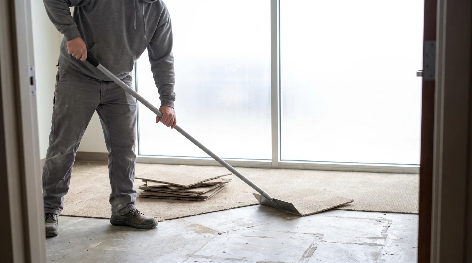Worker scraping glued-down commercial carpet tiles off a concrete office floor in Kuna, Idaho