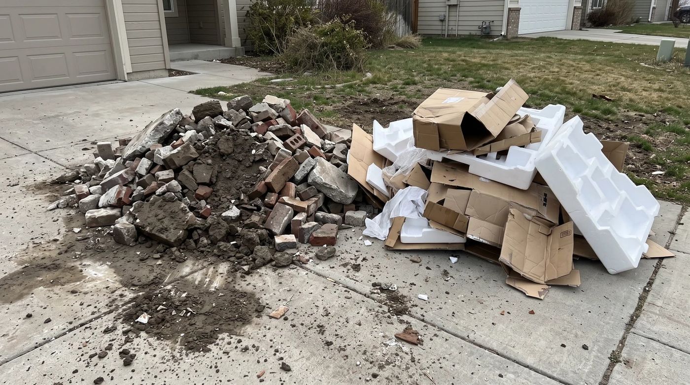 A pile of concrete next to a pile of cardboard