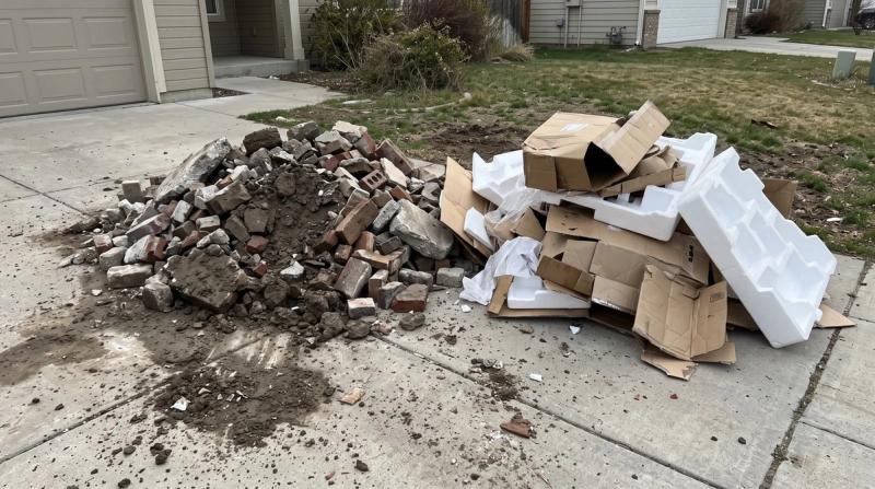 A pile of concrete next to a pile of cardboard