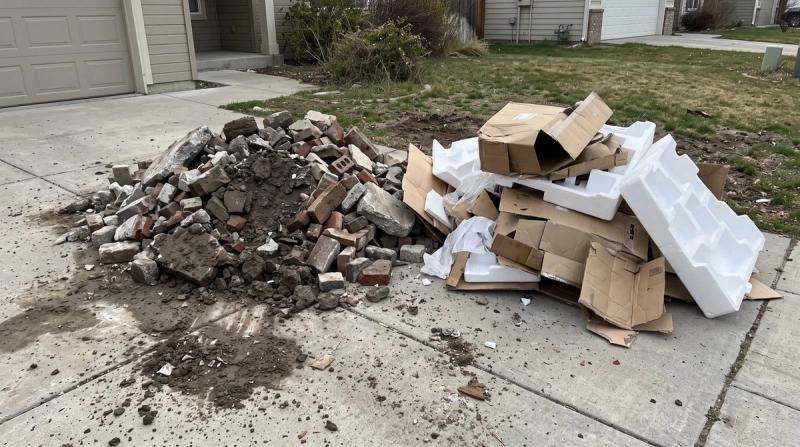 A pile of concrete next to a pile of cardboard