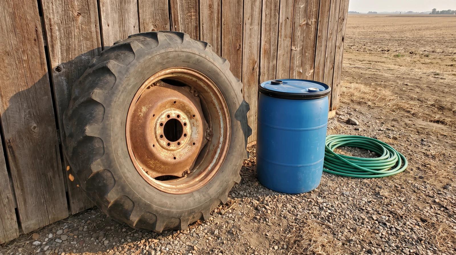 Old liquid-filled rear tractor tire on a rusty rim beside a drain drum at a farm in Nampa, Idaho