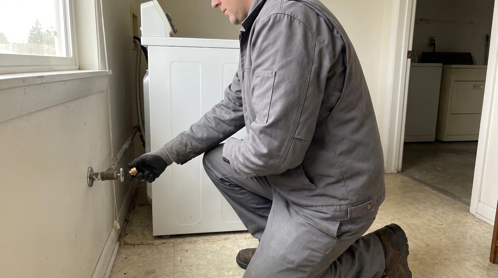 Worker capping the gas line behind a dryer during washer and dryer removal at a home in Kuna, Idaho
